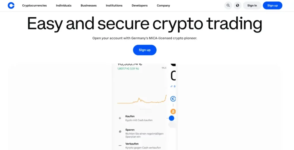 a Coinbase főoldala